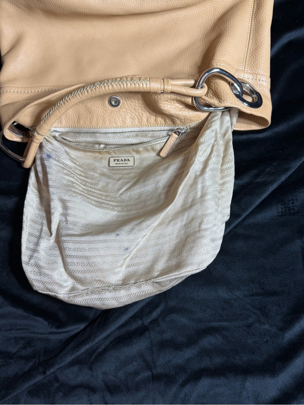 Prada Beige/Tan Pebbled Leather Hobo with Silver Rings - Picture 7 of 13